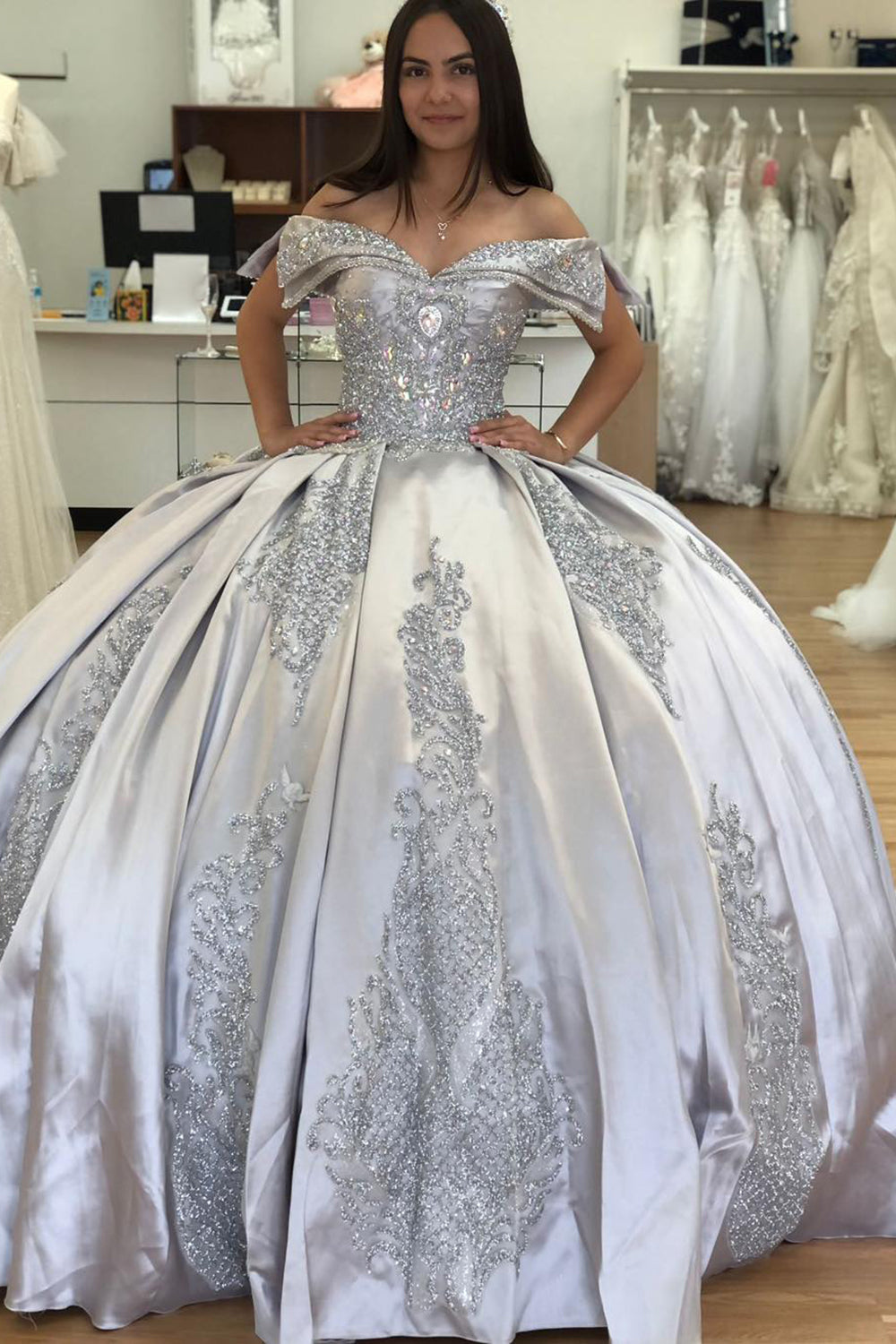 Satin Silver Appliques Off the Shoulder Quinceanera Dress with Beads