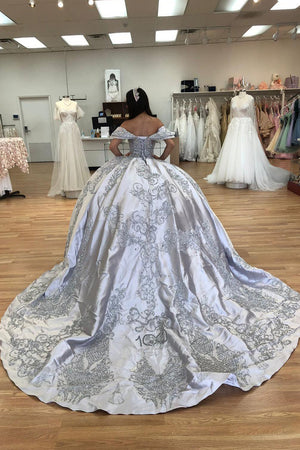 Satin Silver Appliques Off the Shoulder Quinceanera Dress with Beads