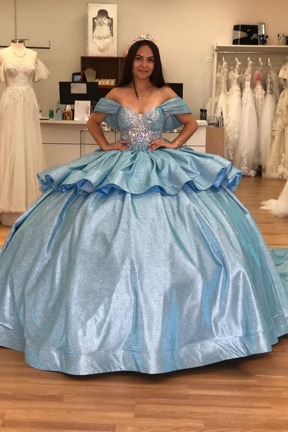 Sparkly Grey Blue Tiered Appliques Off the Shoulder Quinceanera Dress