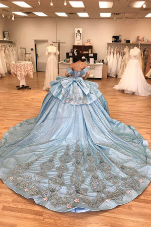 Sparkly Grey Blue Tiered Appliques Off the Shoulder Quinceanera Dress