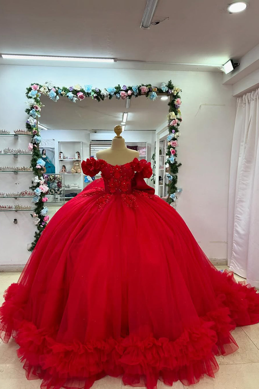 Sparkly Red Ruffles Appliques Off the Shoulder Quinceanera Dress with Beads