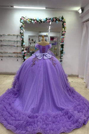 Tulles Purple Corset Ruffles Appliques Off the Shoulder Quinceanera Dress