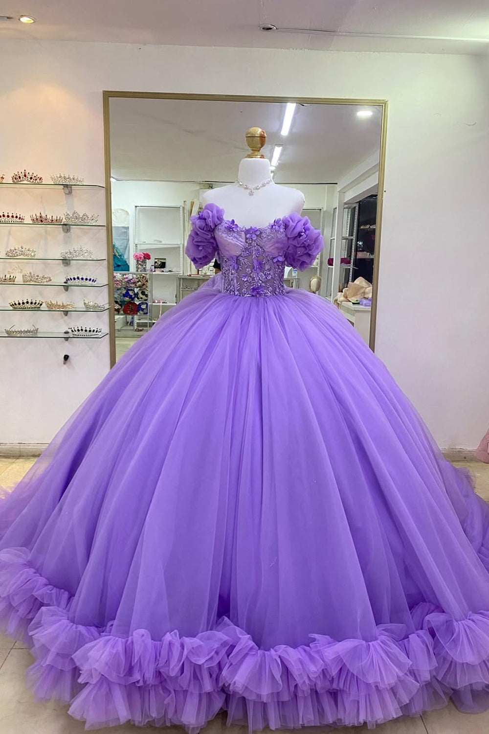 Off the Shoulder Purple Corset Appliques Ruffles Quinceanera Dress