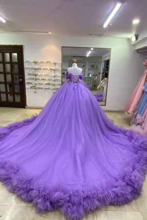 Off the Shoulder Purple Corset Appliques Ruffles Quinceanera Dress