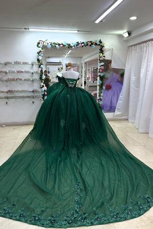 Dark Green Off the Shoulder Corset Appliques Tulle Quinceanera Dress