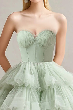 A Line Sage Strapless Tiered Ruffles Tulle Prom Dress