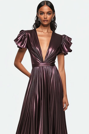 Dusty Purple V-neck Pleated Metallic Satin Prom Dress