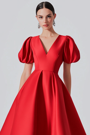 Red A Line Satin Prom Dress with Puff Sleeves