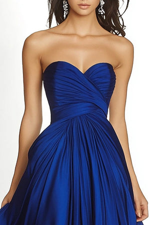 Royal Blue Pleated Asymmetric Chiffon Strapless Maxi A Line Prom Dress