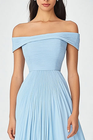 Off the Shoulder Sky Blue A Line Ruched Chiffon Prom Dress