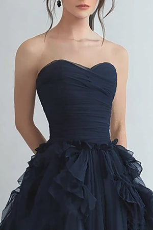 Organza Navy Tiered Strapless A Line Prom Dress