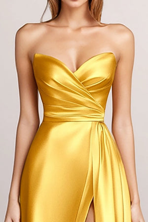 Yellow A-Line Strapless Wrap Ruched Satin Long Prom Dress with Slit