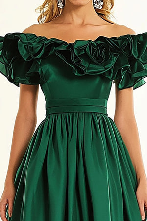 Dark Green Short Sleeves A Line Prom Dress