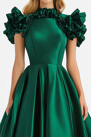 Dark Green A Line Off The Shouler with Ruffles Prom Dress