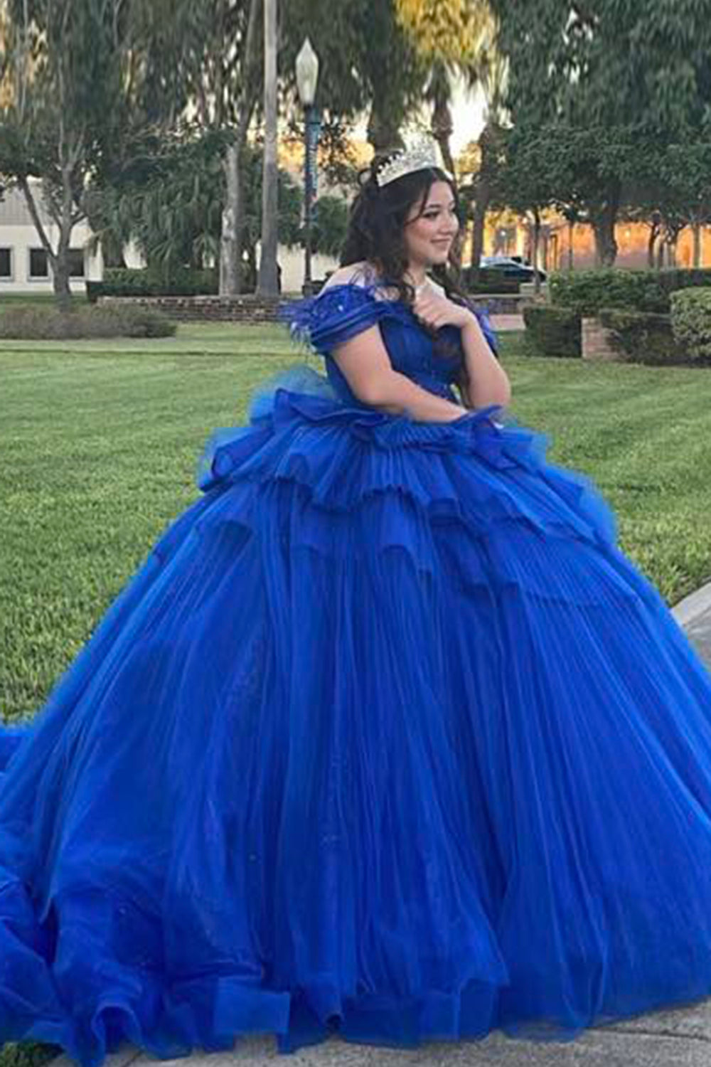 Royal Blue Tulle Tiered Corset Appliques Quinceanera Dress