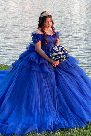 Royal Blue Tulle Tiered Corset Appliques Quinceanera Dress