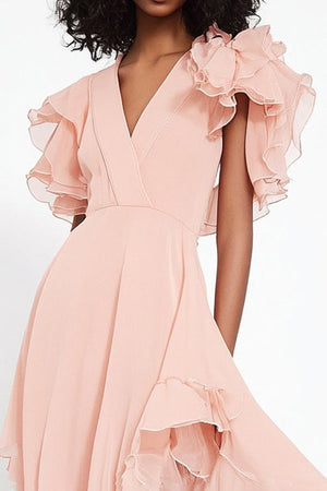 Pink V-Neck Ruffles Chiffon Asymmetrical Prom Dress