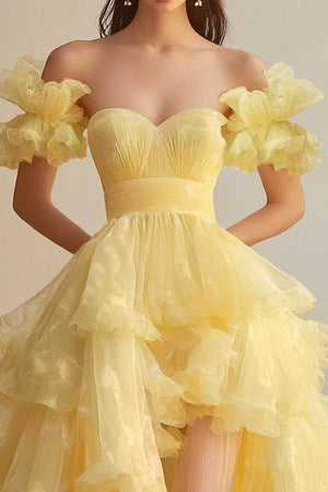 Yellow Boat Collar Short Sleeves Organza Prom Dress with Big A Hem