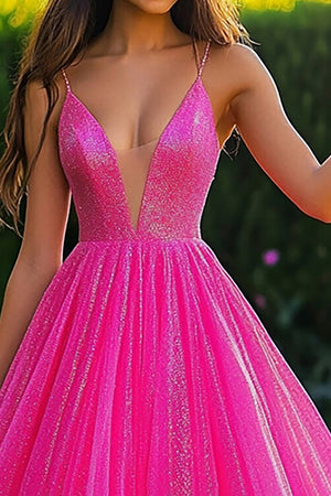 Glitter Fuchsia Spaghetti Straps A Line Prom Dress