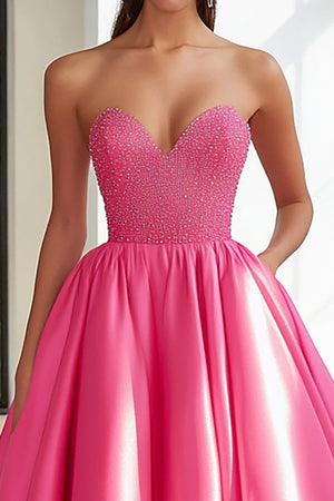 Strapless Beaded Satin Fuchsia A Line Prom Dress