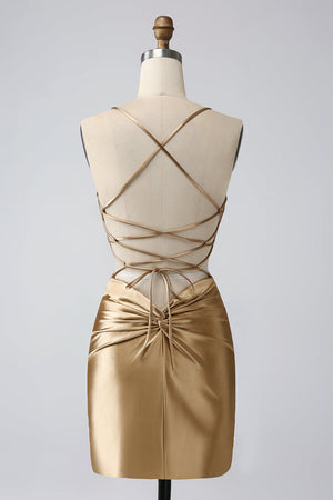 Gold Bodycon Spaghetti Straps Satin Homecoing Dress With Criss Cross Back