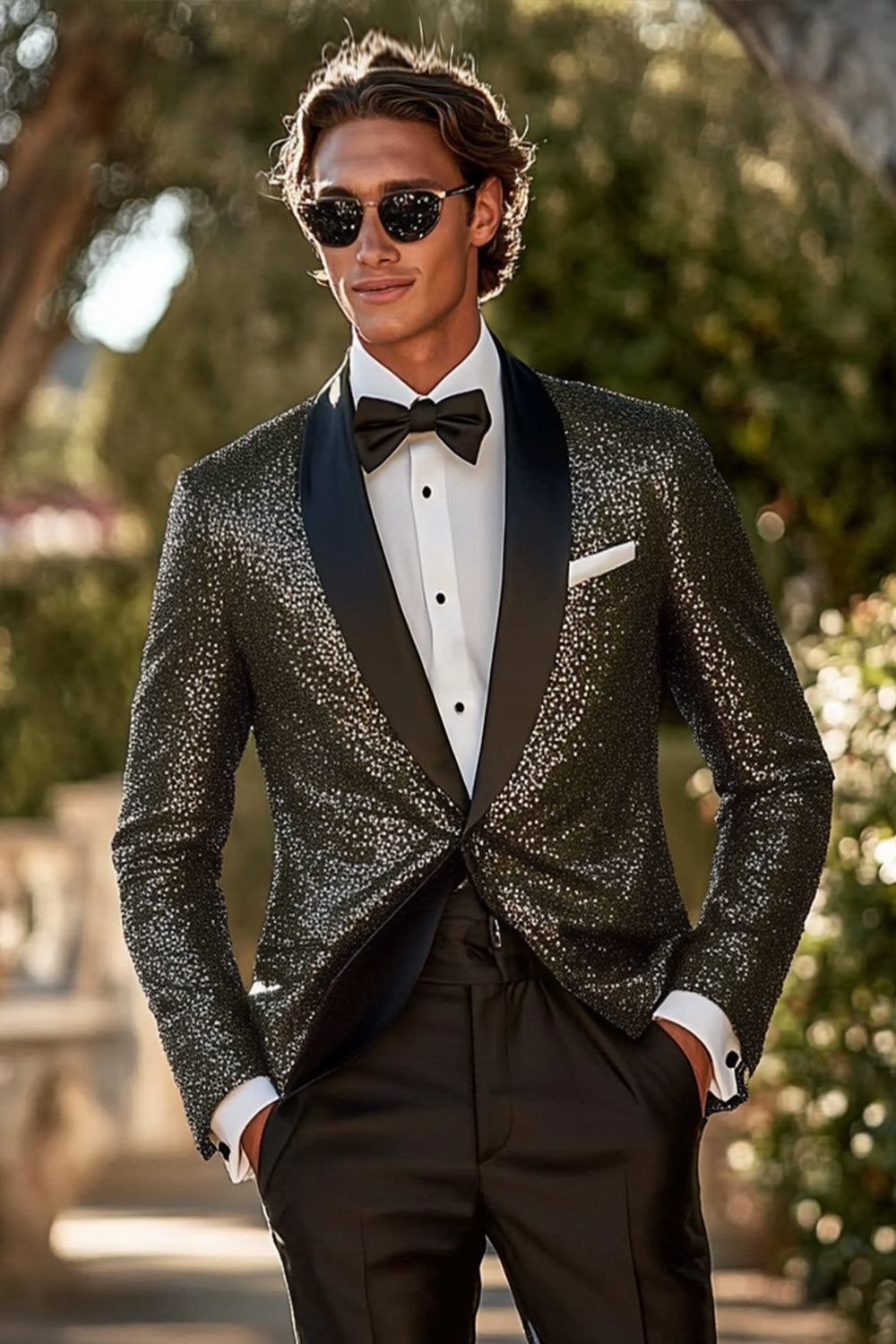 Sparkly Sequins Black One Button Shawl Lapel 2 Pieces Men Prom Suits