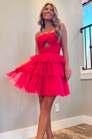 Orange A-Line Tulle Halter Homecoming Dress with Keyhole