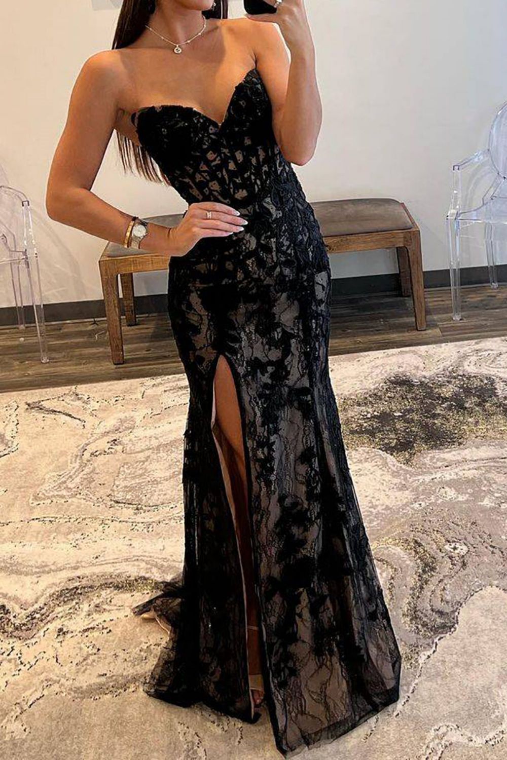 Black Strapless Mermaid Sweep Train Lace Up Prom Dress With Split