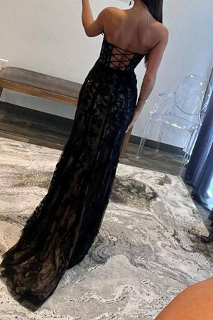 Black Strapless Mermaid Sweep Train Lace Up Prom Dress With Split