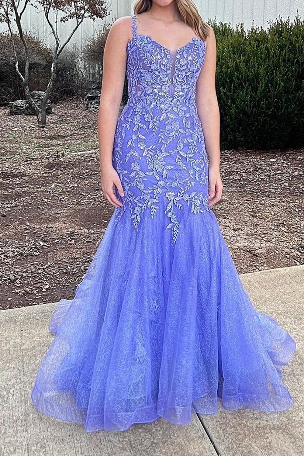 Blue Spaghetti Straps Zipper Back Mermaid Tulle Prom Dress With Appliques