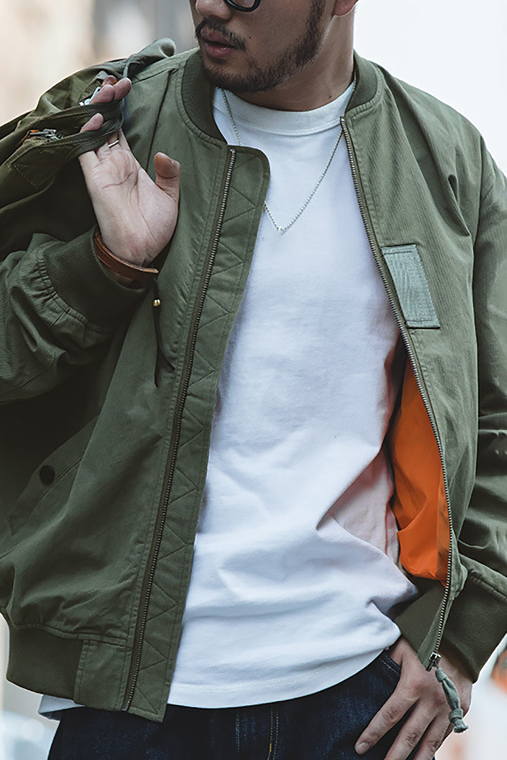 Men's Army Green Zip Loose Bomber Jackets