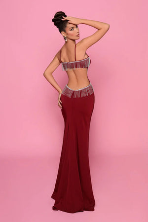 Sexy Burgundy Spaghetti Straps Long Cocktail Dress With Fringe