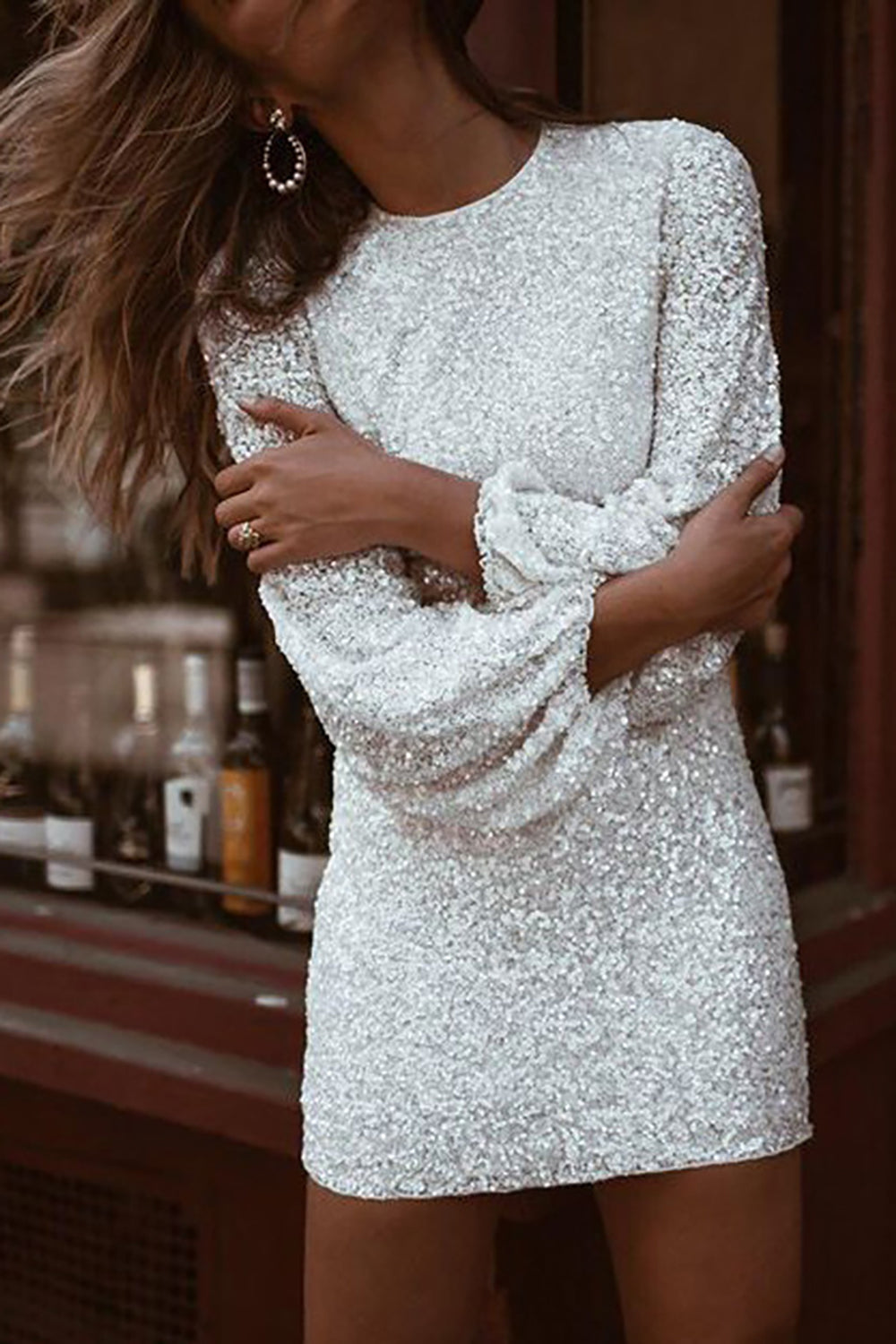 Sparkly Sequin Long Sleeves Short Tight Cocktail Party Dress