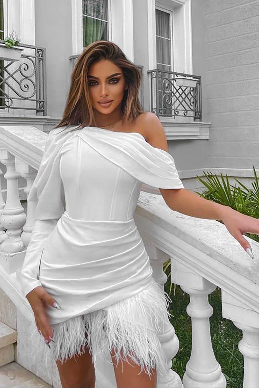 White Bodycon One Shoulder Long Sleeves Cocktail Dress With Feather