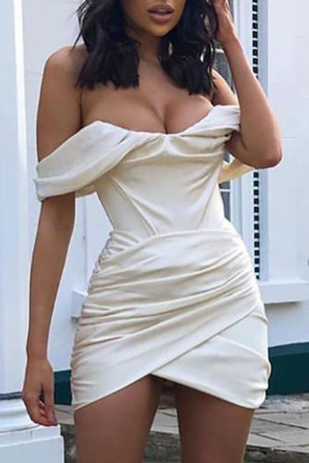 White Off The Shoulder Satin Bodycon Cocktail Party Dress