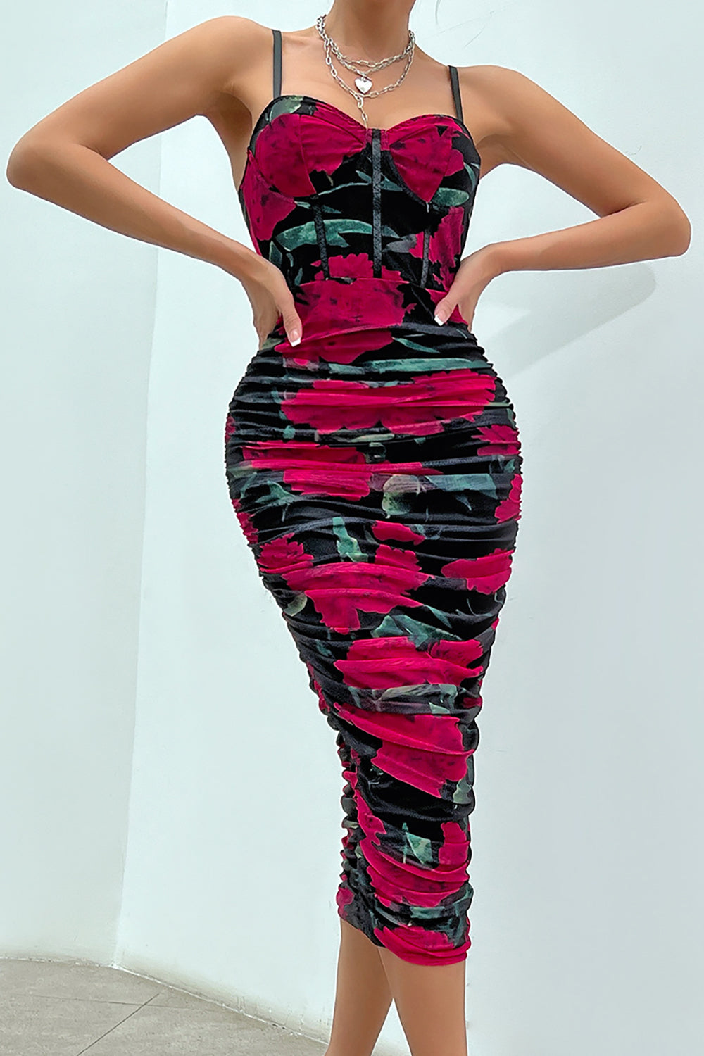 Bodycon Spaghetti Straps Knee Length Print Cocktail Party Dress