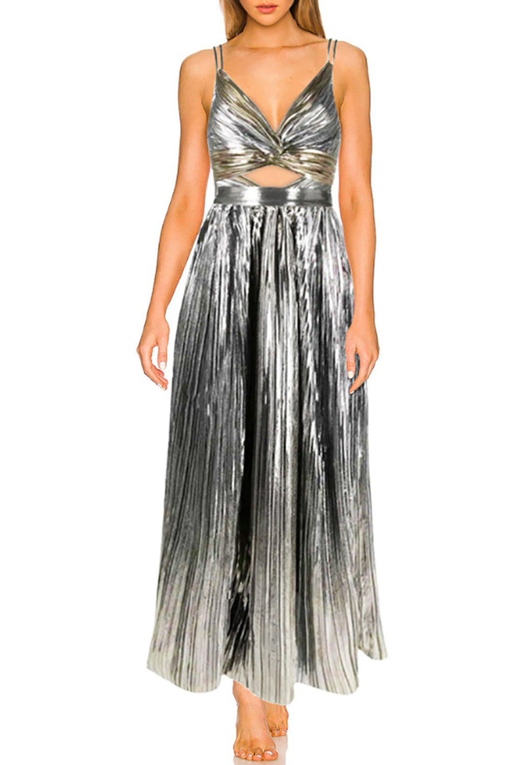 Silver A-Line Double straps Long Cocktail Party Dress With Pleating