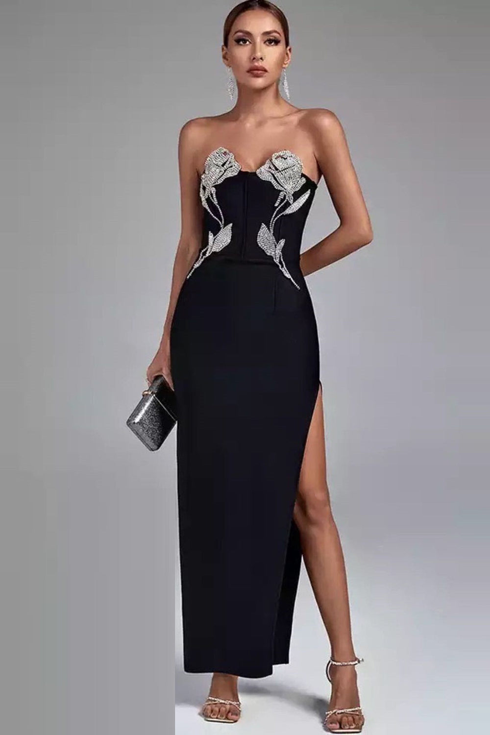 Elegant Black Strapless Long Tight Cocktail Party Dress With Split