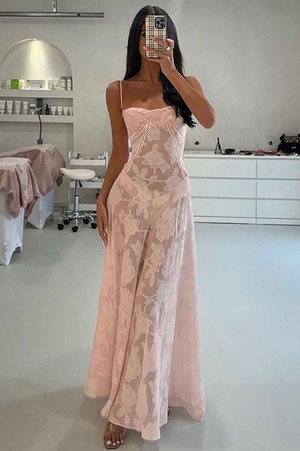 Pink A-Line Spaghetti Straps Long Lace Formal Party Dress