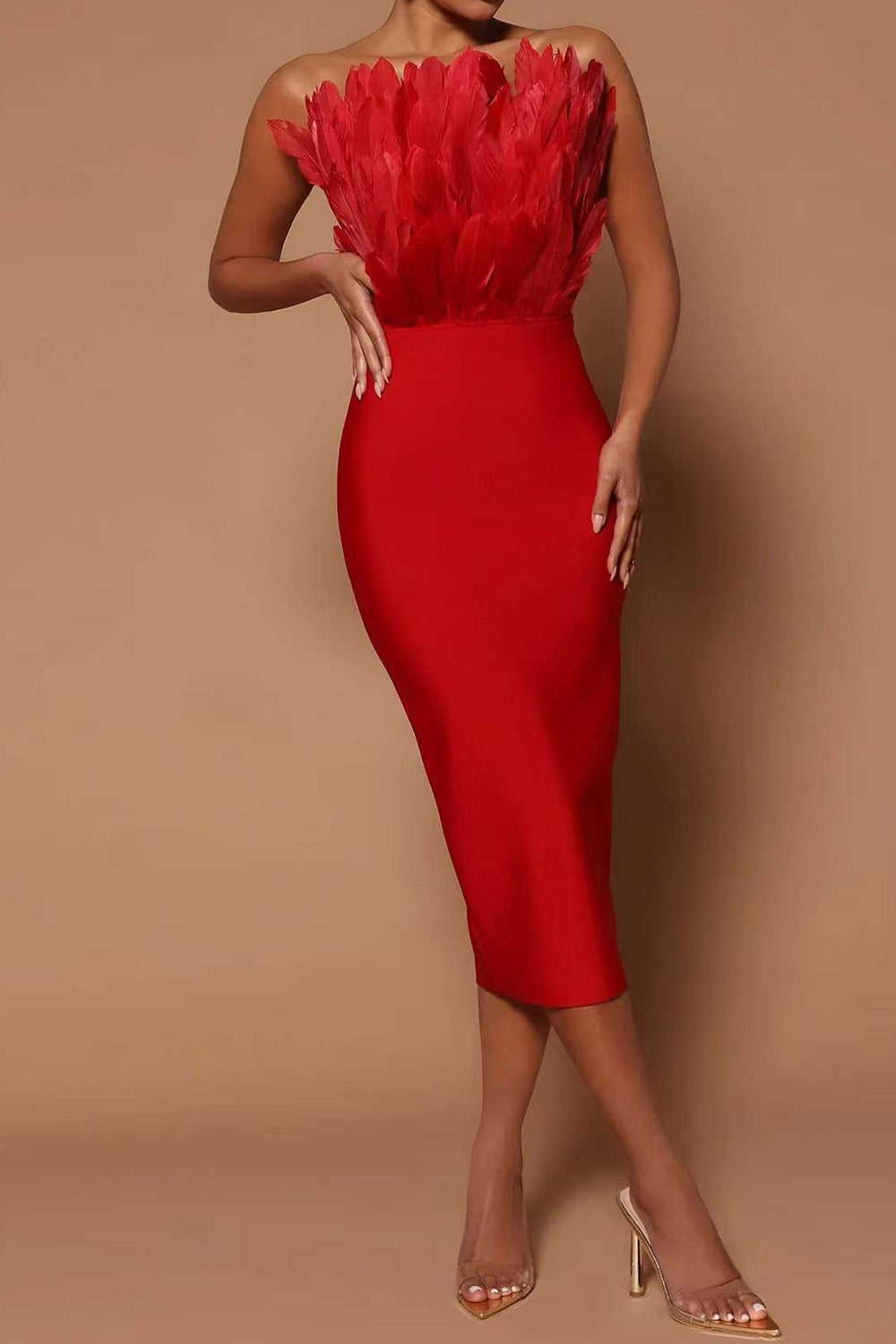 Bodycon Strapless Tea Length Cocktail Party Dress With Feather