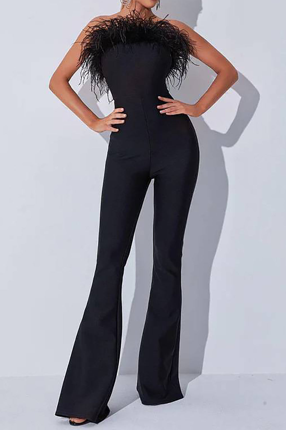 Black Strapless Long Cocktail Jumpsuit With Feather