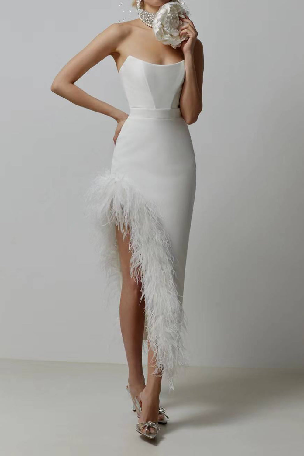 Long Elegant Strapless Cocktail Party Dress With Feather