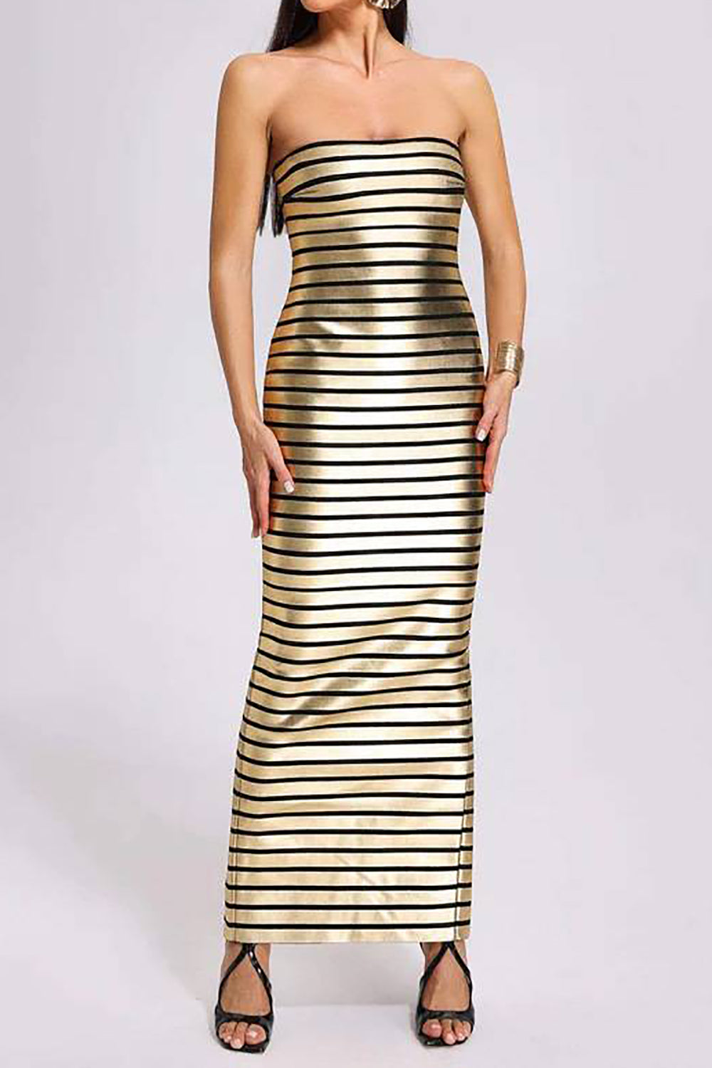 Gold Horizontal Stripes Strapless Long Cocktail Party Dress