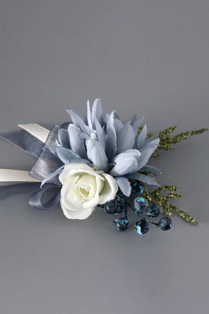 Grey Blue Wrist Corsage and Men Boutonniere Set for Prom Wedding Party