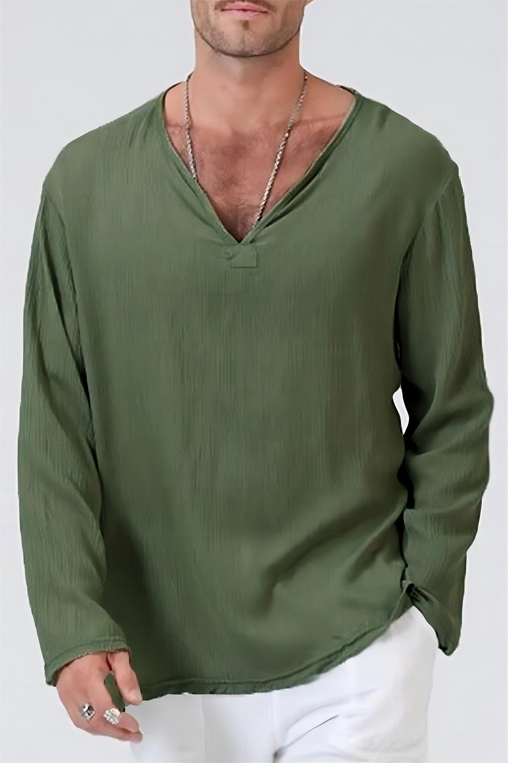 Men's Army Green Long Sleeve V Neck T-shirt