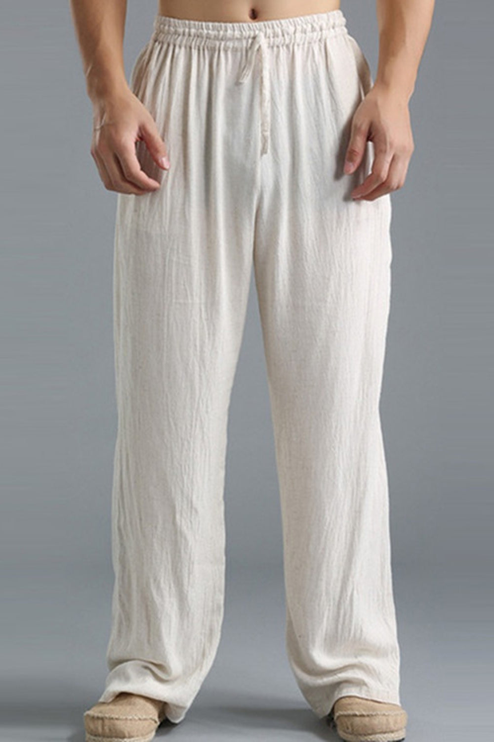 Men's Beige Linen Elastic Waist Loose Pants