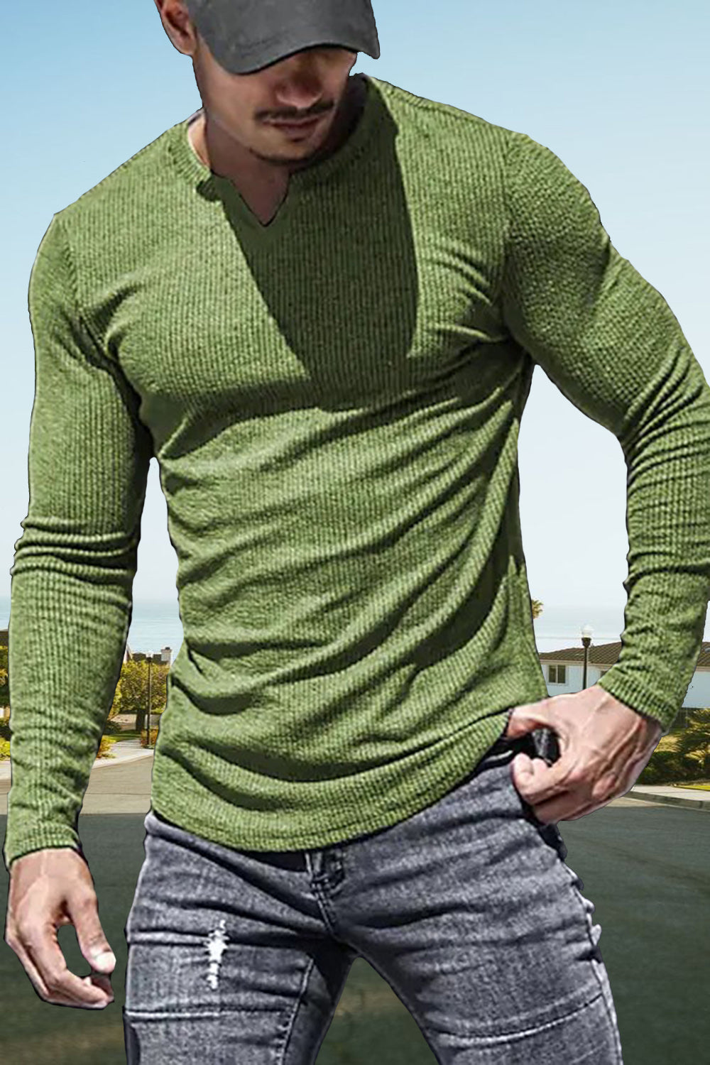 Army Green Slim Fit Long Sleeve V Neck T-shirt