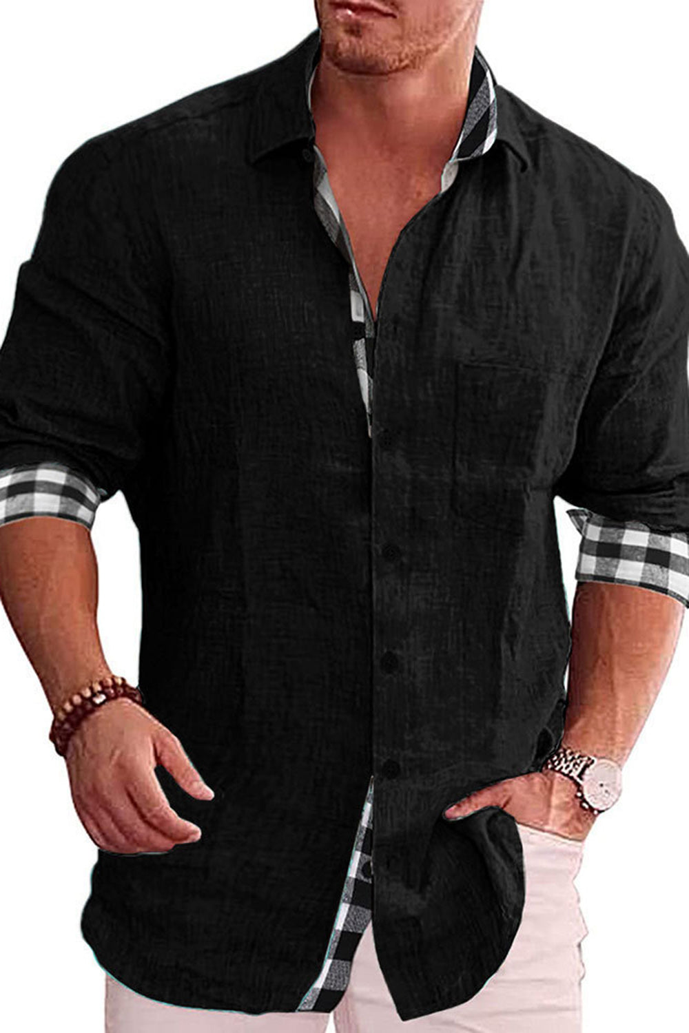 Men's Plaid Patchwork Long Sleeve Button Down Shirt