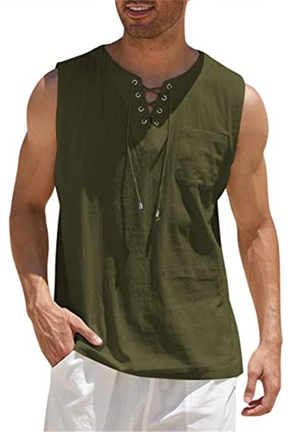 Men's Army Green Lace-up Casual Vest