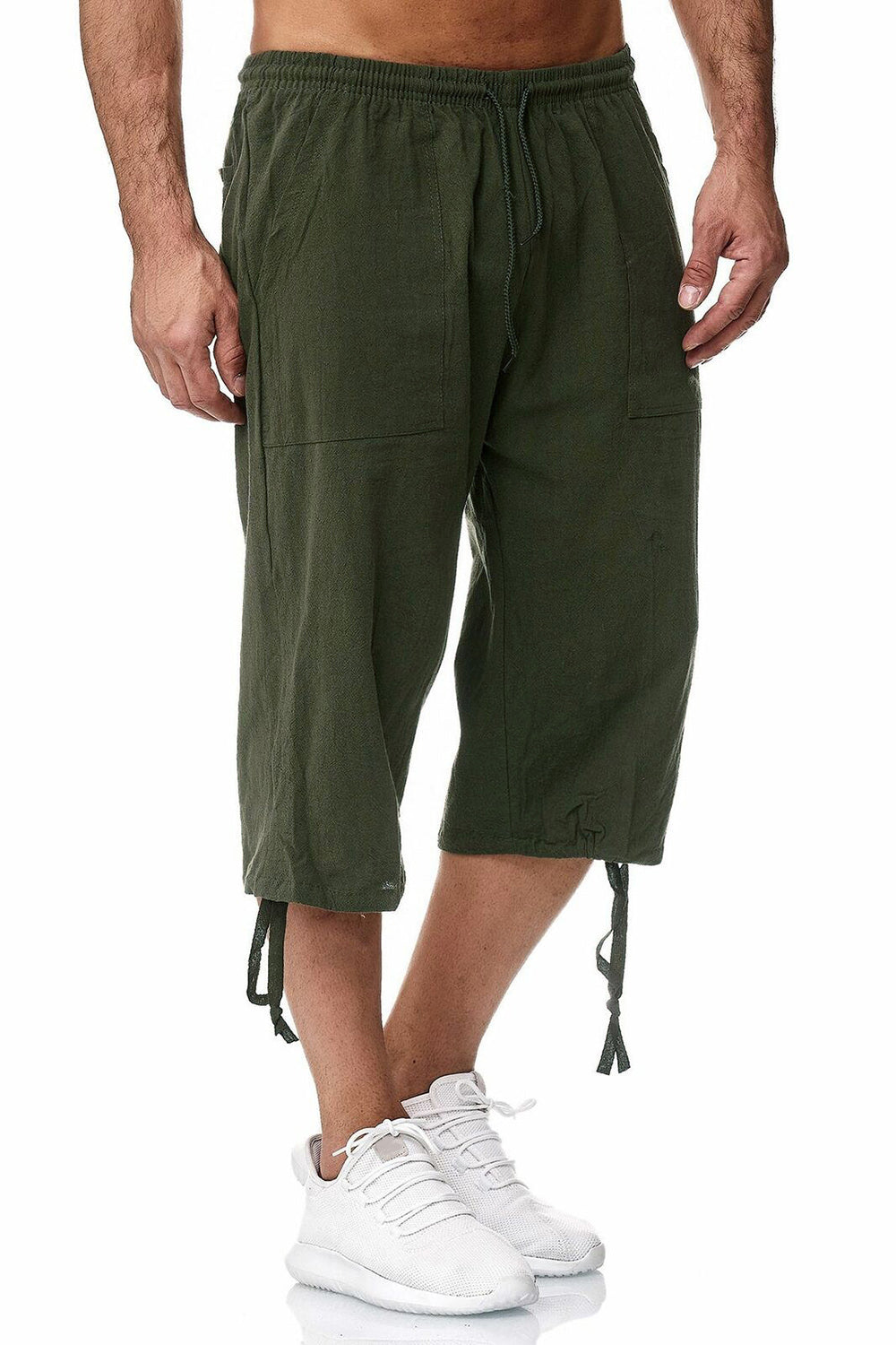 Men's Army Green Relaxed Fit Elastic Waist Cropped Pants